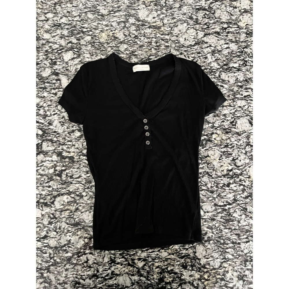 Frankee & Skylarr Henley Shirt Womens Small Black Ribbed Cap Sleeve V Neck